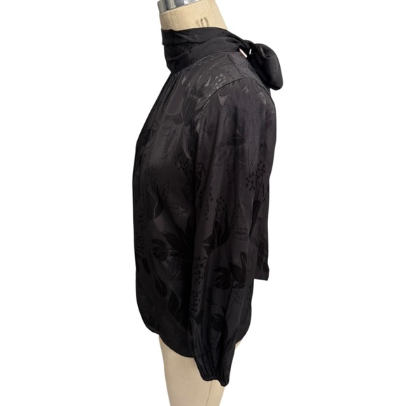 MISA Black Blouse XS Floral Jacquard High Neck Tie Back Long Sleeve Made in USA - Picture 6 of 8